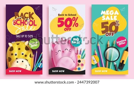 Back to school sale vector poster set design. School promo 50% off discount clearance price with cute animal backpack and color pencil elements for shopping promotion flyers collection. Vector 