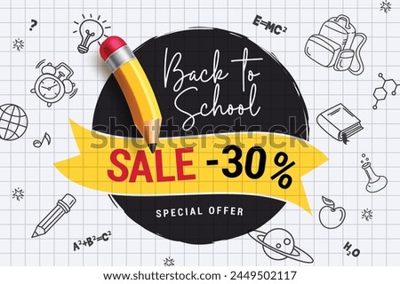 Back to school sale vector banner design. Back to school shopping promo discount offer text with pencil elements and doodle educational supplies and materials for flyers background. Vector 