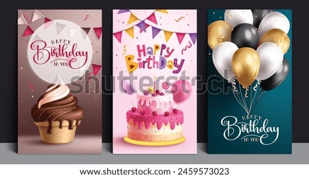 Happy birthday vector poster set design. Birthday invitation and greeting card with ice cream, cake, balloons and streamers elements for wedding party bundle collection. Vector illustration birthday 