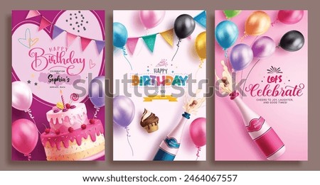 Happy birthday greeting vector poster set template. Birthday invitation card with cake, wine bottle and balloons elements decoration for girl party card collection. Vector illustration birthday 