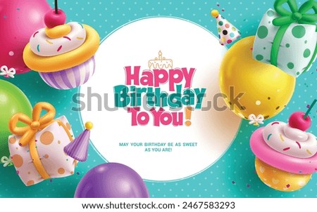 Happy birthday greeting vector template design. Birthday greeting text in white empty with cup cake balloon and gift inflatable decoration elements for invitation card template design. Vector 