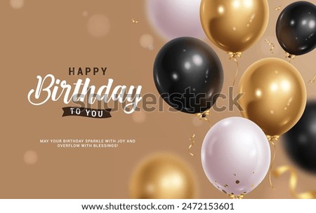 Happy birthday greeting vector design. Birthday greeting text with gold shiny, glossy black and white balloons floating for elegant invitation card background. Vector illustration birthday card 