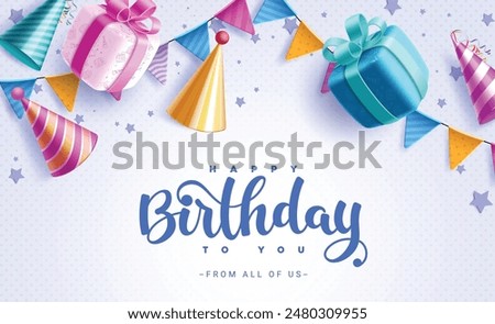 Happy birthday greeting vector background. Birthday greeting text with gift box, pennants and party hat decoration elements for invitation card design. Vector illustration card background. 
