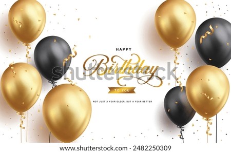 Birthday greeting vector design. Happy birthday greeting text with elegant floating gold and black balloons for birth day celebration background. Vector illustration elegant banner design.
