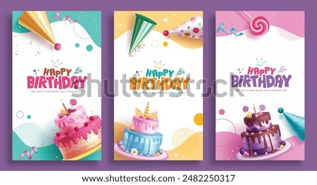 Happy birthday greeting vector poster set. Birthday invitation card with strawberry, chocolate, blueberry cake and party hat decoration elements. Vector illustration party poster collection. 
