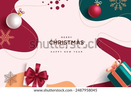 Christmas greeting vector background design. Merry christmas and happy new year text with gift box, xmas balls and snowflakes decoration elements in abstract pattern background. Vector illustration 