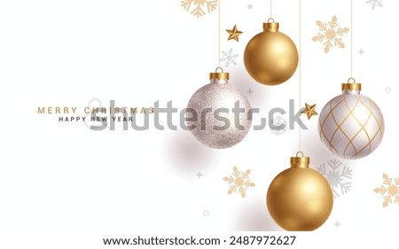 Merry christmas greeting vector design. Christmas balls hanging with gold, glitter, shiny and glossy elements in snowflakes pattern elegant background. Vector illustration holiday season card design. 