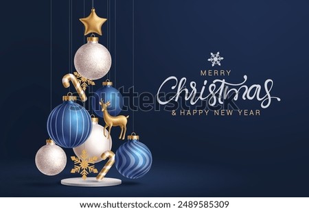 Christmas balls vector design. Merry christmas greeting text with hanging xmas balls, candy cane, snowflakes and stars decoration elements in podium stage elegant blue background. Vector illustration 