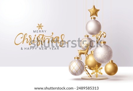 Christmas elegant balls vector design. Merry christmas greeting text with hanging gold and silver xmas balls, deer, snowflakes and star decoration ornaments in elegant background. Vector illustration 