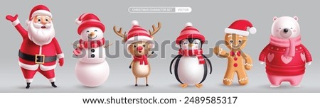 Christmas characters vector set design. Christmas character santa claus, snow man, reindeer, penguin, ginger bread and bear collection in isolated background. Vector illustration holiday season 