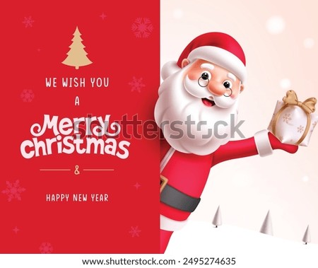 Christmas santa claus character vector template design. Merry christmas and happy new year greeting text in red board with santa claus character holding git box xmas elements. Vector illustration 