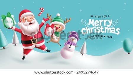 Merry christmas characters greeting vector banner design. Christmas santa claus, reindeer and snow man characters holding xmas gift elements in snow winter background. Vector illustration greeting 