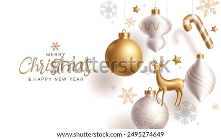 Merry christmas greeting card vector design. Christmas hanging glitter balls, candy cane, deer, ornaments and gold elements decoration in elegant white background. Vector illustration holiday season 