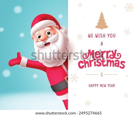 Merry christmas greeting vector template design. Christmas santa claus character with board space for greeting card holiday season template. Vector illustration new year invitation design.  