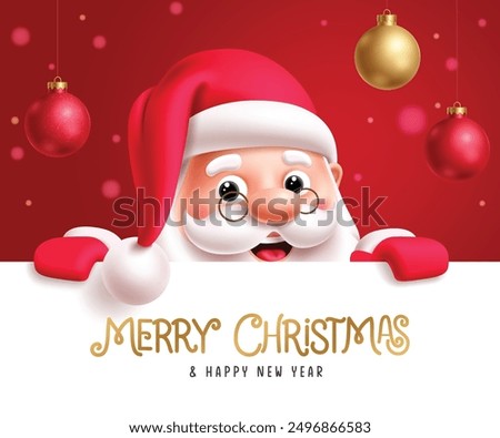 Christmas santa claus greeting card vector template design. Merry christmas and happy new year greeting with santa claus cute characters holding white board for xmas invitation template. Vector 