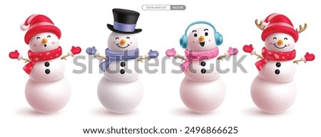 Snowman characters vector set design. Christmas snow man character wearing headphone, santa, magician and reindeer hat in funny, happy and smiling face collection. Vector illustration ice mascot 