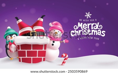 Christmas santa claus characters vector design. Merry chirstmas greeting text with santa claus inside the chimney roof top. penguin holding gift box and waving snowman characters in purple snow winter