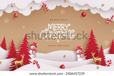 Merry christmas greeting card vector banner design. Christmas and happy new year greeting text with red pine tree paper cut, snowman, clouds origami and hanging xmas elements. Vector illustration red 