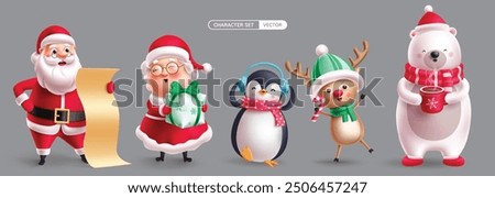 Christmas characters vector set design. Santa claus reading wish list, mrs claus holding gift box, penguin, reindeer and polar bear character collection. Vector illustration xmas characters set.
