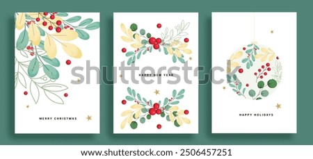 Christmas card watercolor poster set design. Merry christmas and happy holidays greeting text with leaf wreath, holly berry and garland leaves water color elements design. Vector illustration gits tag