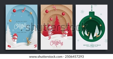 Christmas greeting card vector poster set. Merry christmas and happy new year greeting text with snowman and hanging xmas pine tree elements in paper cut decoration. Vector illustration holiday season