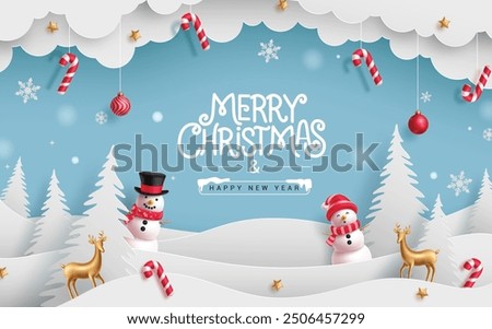 Christmas paper cut vector banner design. Merry christmas and happy new year greeting text with snowman, deer, paper cut pine tree and clouds decoration elements. Vector illustration white greeting 