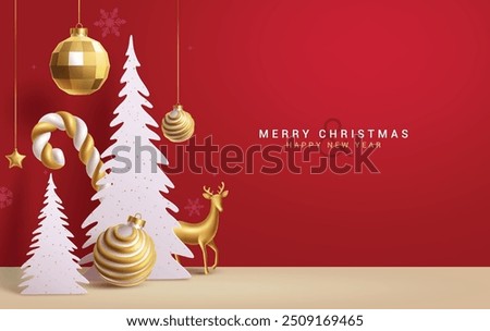 Merry christmas greeting card vector background design. Christmas and happy new year greeting text with paper cut pine tree, hanging gold balls, star and candy cane decoration elements. Vector 