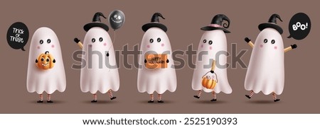 Halloween ghost characters vector set design. Halloween kids wearing ghost costume and witch hat for trick or treat horror party celebration. Vector illustration cute characters collection.  
