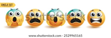 Emoji scared characters vector set. Emoticon 3d icon collection in shock, afraid, frightened, worried and nervous facial expression in white background. Vector illustration for graphic design elements