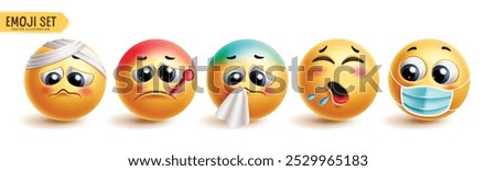 Emoji sick characters vector set. Emoticon face 3d character with illness, flu, fever, cough and sneezing yellow icon collection in white background. Vector illustration for graphic design elements. 
