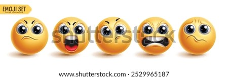 Emoji angry emoticon characters vector set. Emojis 3d icon collection in mad, cruel, bad mood, stress and irritated facial expression in white background. Vector illustration angry emoticons graphic 