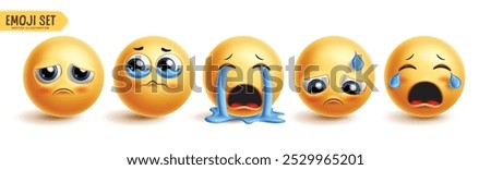 Emoji crying emoticon characters vector set. Emojis emoticons in sad face, cry, eye tears, happy and disappointed facial expression 3d graphic elements collection. Vector illustration emojis crying 