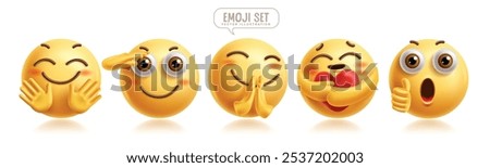 Emoji caring 3d emoticons characters vector set. Emoticon facial expression in friendly, salute, kind, approved, hug and happy face graphic elements. Vector illustration emojis caring icon collection.