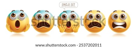 Emoji scared emoticon characters vector set. Emojis emoticons in afraid, frightened, shocked, frozen, worried and surprise facial expression character graphic elements collection. Vector illustration 