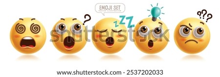 Emoji emoticon 3d character vector set. Emoticon facial expression in cute, dizzy, asking, sleepy, tired, clever and confused faces for graphic elements collection. Vector illustration emojis 3d icon 