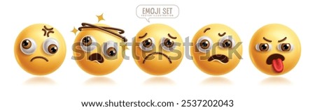 Emoji dismayed 3d emoticon characters vector set. Emoticons character collection in disappointed, sad, lonely, horrify, anxious and upset facial expression 3d graphic elements. Vector illustration