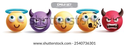 Emojis characters emoticon vector set. Emoji 3d character in angel, devil, kind, bad, evil and singing facial expressions in white background. Vector illustration angel yellow emoticons collection.
