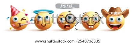 Emojis emoticon characters vector set. Emoji emoticon character in happy, birthday, curious, angel, nerd, cowboy, cute and silly mood expressions in white background. Vector illustration yellow 