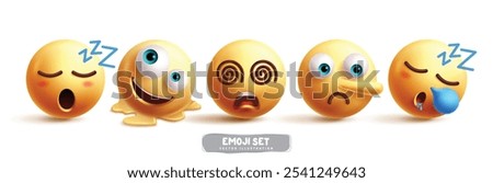 Emojis emoticon sleepy character vector set. Emoticon yellow icon character collection like pinoccho, unsteady, dizzy, sad and melting facial expression graphic elements. Vector illustration emoticon 