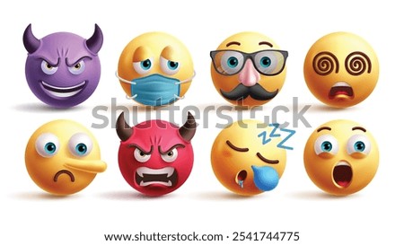 Emoji emoticon characters vector set. Emojis devil, sick, old man, dizzy, pinocchio, daemon, unwell and shock 3d facial expression graphic elements in white background. Vector illustration emoticons i