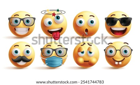 Emoji emoticon characters vector set. Emojis smile, dizzy, drool, happy, cool, sick, flu and nerd facial expressions graphic elements. Vector illustration yellow emoticons character collection.
