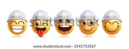 Emoji engineer emoticon characters vector set. Emojis 3d contractor character profession in cute, happy, naughty, friendly, smiling, excited, silly and amaze facial expression emoticons face elements 