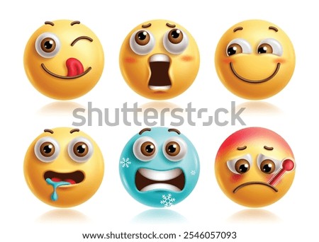 Lick emoji characters vector set. Emojis 3d icon clip art character in embarrassed, shy, blush, drooling, freezing, sick and fever facial expression yellow graphic elements. Vector illustration lick 