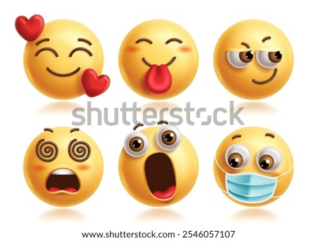 Love emoji vector characters set. In love emojis 3d icon clip art character with silly, naughty, smirk, side eyes, dizzy, shock and sick facial expression. Vector illustration love heart emoticons 