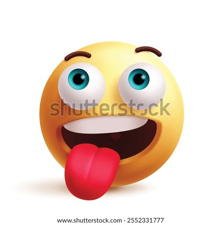 Crazy emoji 3d clipart character. Naughty emoji face, goofy, silly, playful, enjoy, fun, teasing facial expression yellow round graphic element. Vector illustration crazy emoticon clip art. 
