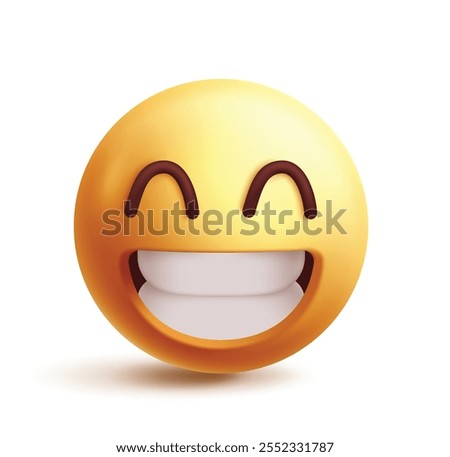 Smiling emoji 3d clipart character. Happy emoji face, grinning, positive, smile, fun, enjoy, playful and cheerful facial expression yellow round icon. Vector illustration smiling emoticon clip art. 
