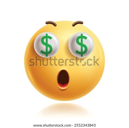 Money eyes emoji clipart 3d character. Emoji face character in rich, dollar sign, wealth, shocked, happiness and surprise facial expression yellow icon graphic element. Vector illustration money eyes 