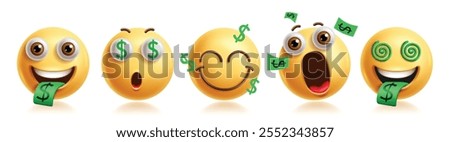 Money mouth emojis clipart character set. Emoji 3d character in greedy, rich, wealthy, happiness, dollar sign and fun facial expression graphic elements collection. Vector illustration money mouth 