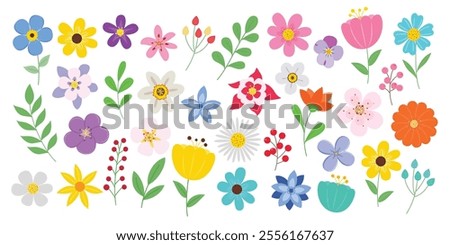 Flower spring clipart colorful set. Spring flowers drawing collection like daisy, tulip, jonquil, daffodil, chamomile and crocus clip art graphic elements. Vector illustration floral flat design. 
