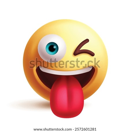 Winking emoji 3d clipart character. Wink emoji face, naughty, silly, crazy, happy, cute, funny and playful facial expression. Vector illustration winking emoticon clip art. 
